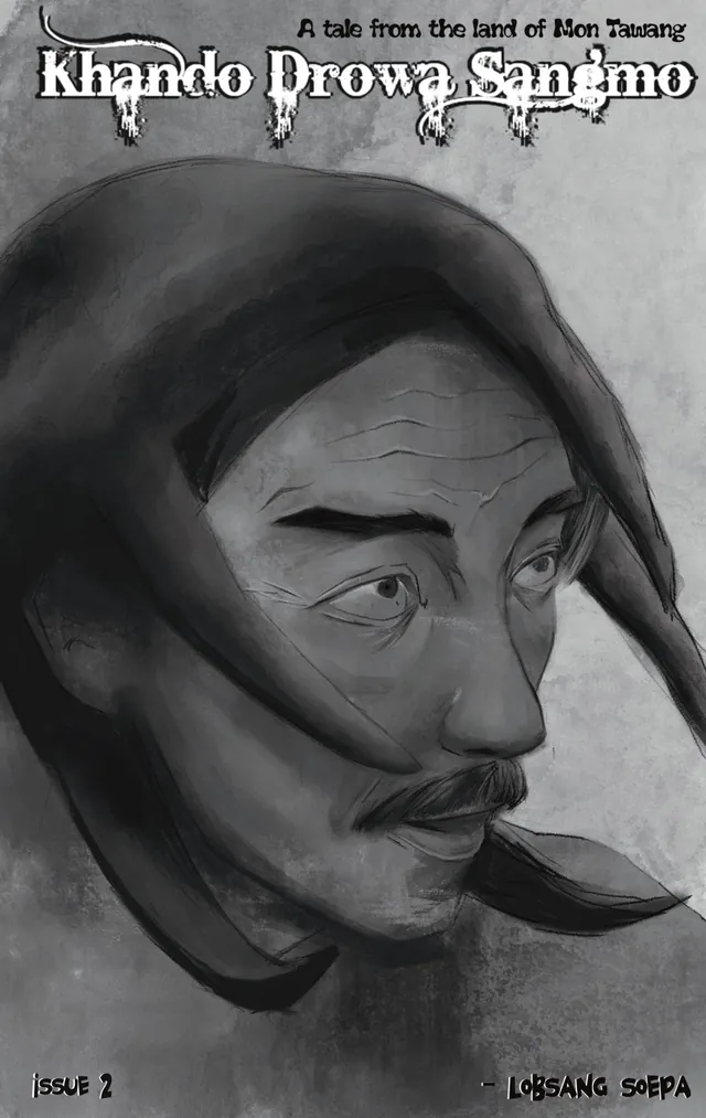 Cover of Khando Drowa Sangmo, Issue 2 — a close charcoal portrait of a man