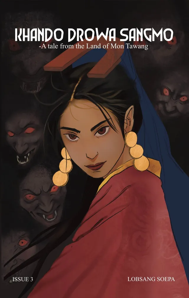 Cover of Khando Drowa Sangmo, Issue 3 — a woman in a red robe, demon faces in the dark behind her