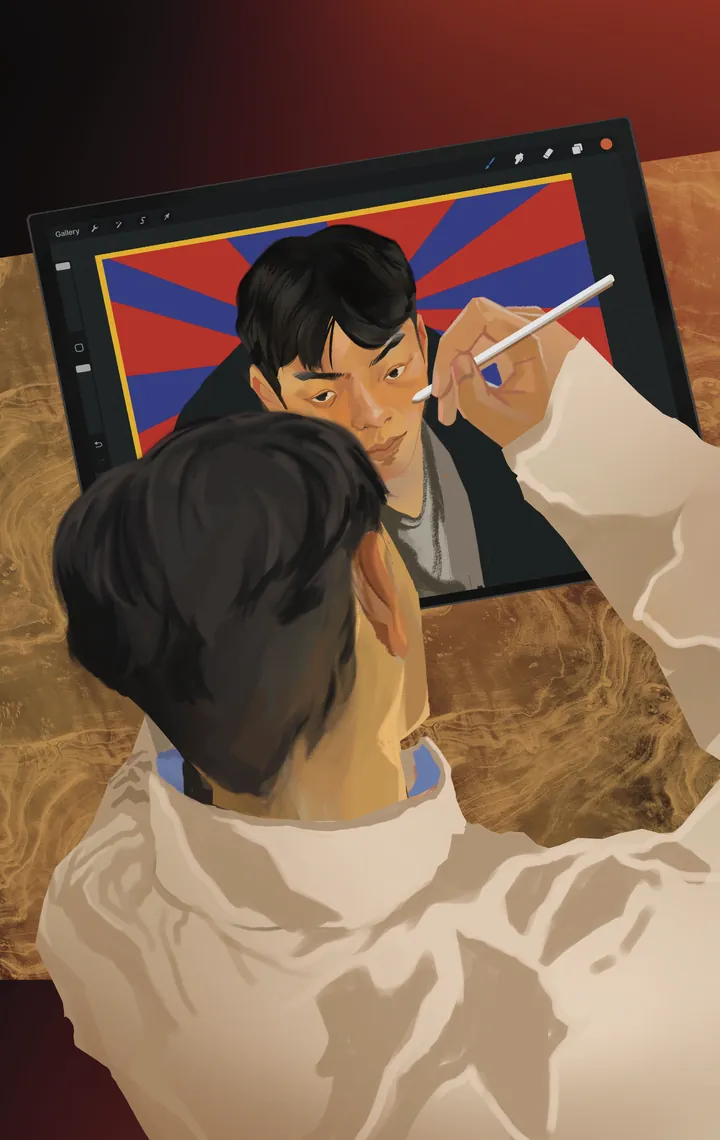 Digital illustration: an artist sketches a portrait on a tablet, framed by the red and blue rays of the Tibetan flag