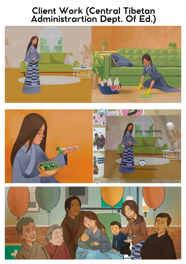 Portfolio sheet: illustrations made for the Central Tibetan Administration’s Department of Education