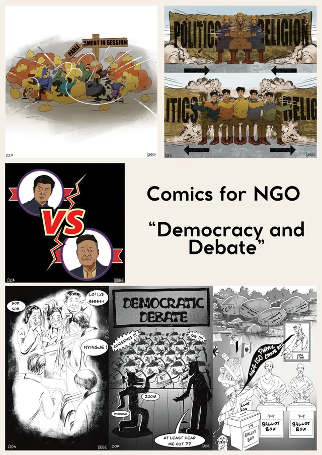 Portfolio sheet: comic panels made for an NGO on the theme of democracy and debate