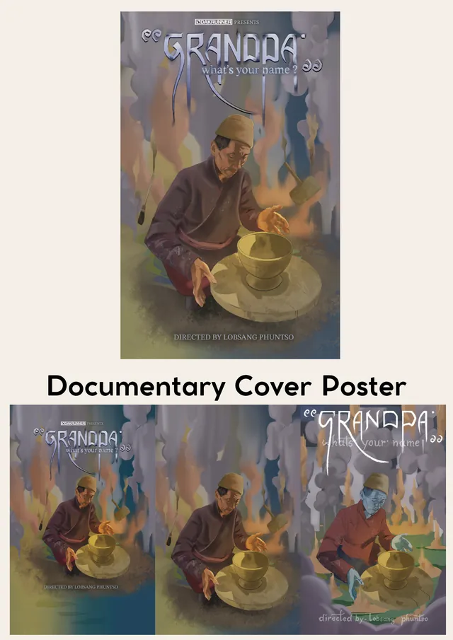 Portfolio sheet: a documentary cover poster showing an elderly man in warm tones