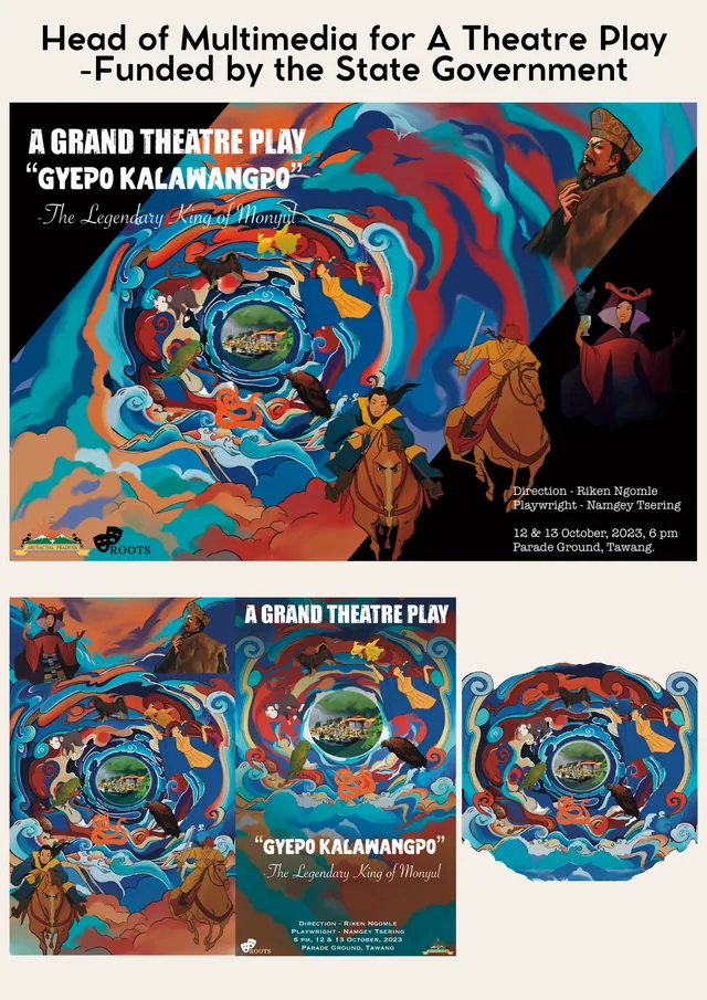 Portfolio sheet: poster and stage visuals for the theatre play Gyepo Kalamangpo