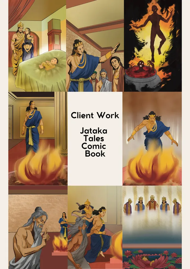 Portfolio sheet: illustrated pages from a Jataka Tales comic book