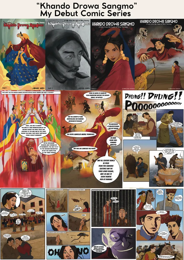 Portfolio sheet: pages and covers from the Khando Drowa Sangmo comic series