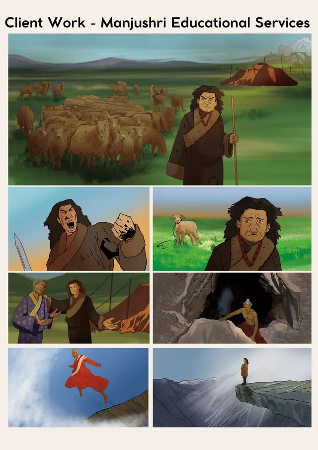 Portfolio sheet: landscape and character illustrations for Manjushri Educational Services