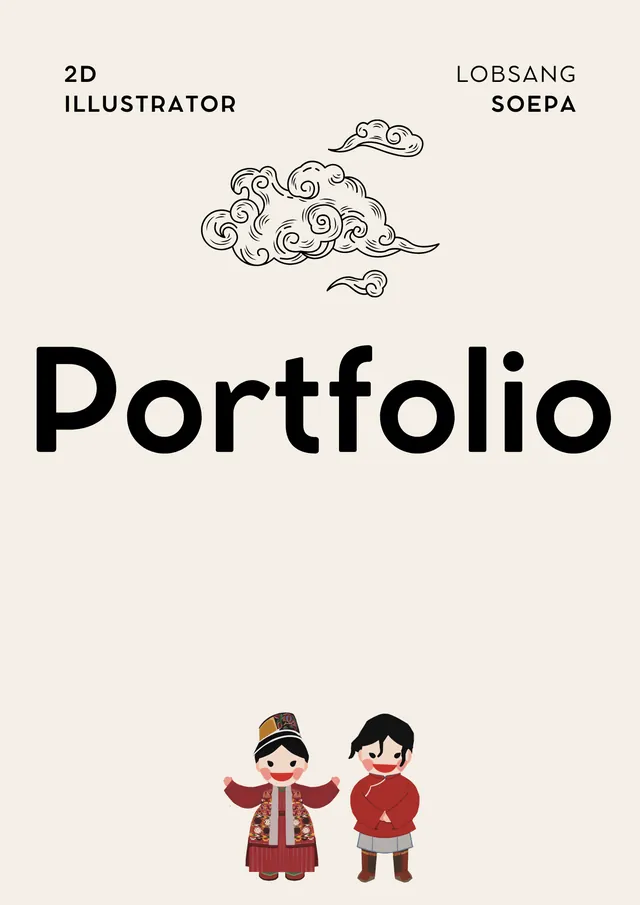 Portfolio cover with Tibetan cloud motif and two small illustrated figures in traditional dress
