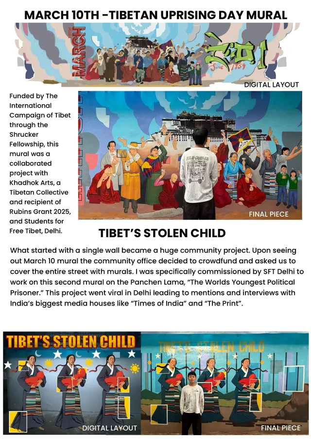 Portfolio sheet: the Tibet’s Stolen Child mural, from digital layout to final wall, with project notes